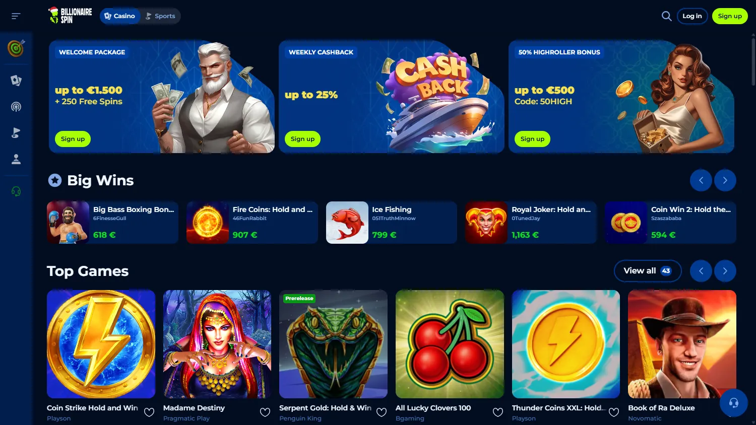 Billionairespin Casino home view on desktop