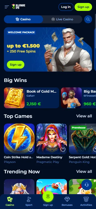 Billionairespin Casino home view on mobile