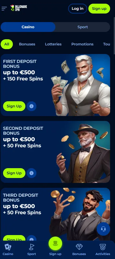 Billionairespin Casino promotions view on mobile
