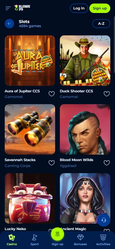 Billionairespin Casino games view on mobile