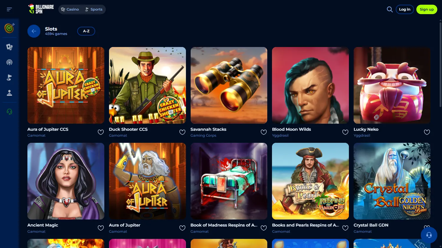 Billionairespin Casino games view on desktop